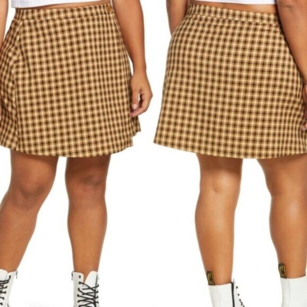 NEW BP. Brown Tan Checked Unlined Button-Front Wrap Mini Skirt Size 1X